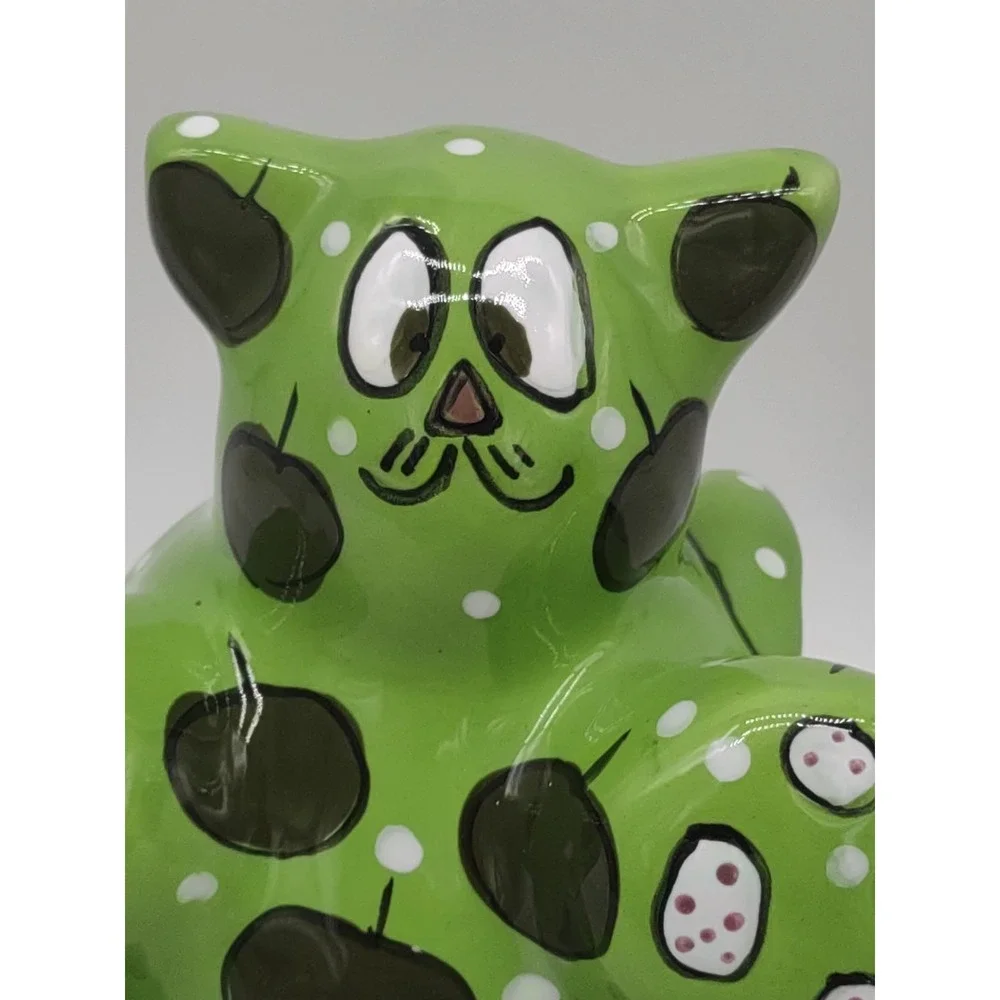 Ganz Ceramic Piggy Bank Kitty Cat Green Apples Painted Signed Pati 5 Inch